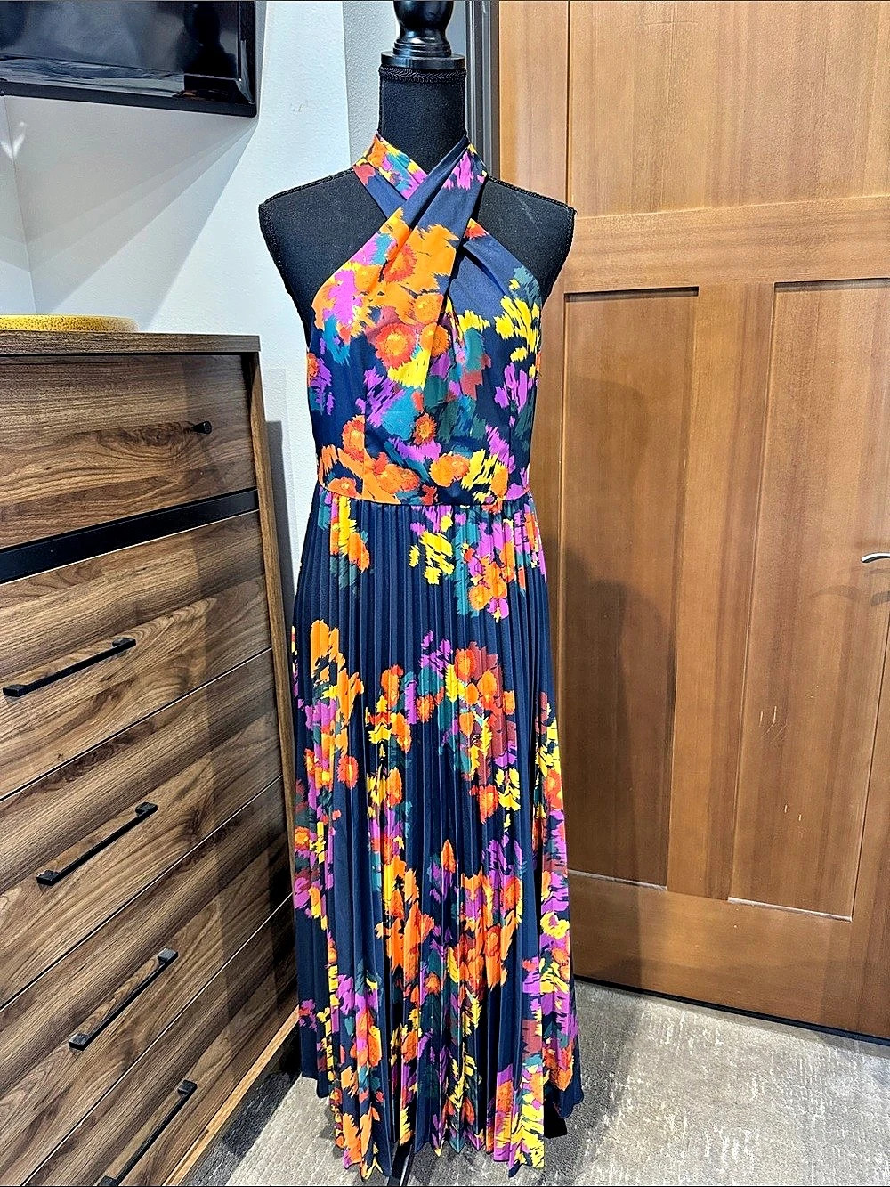 Floral Pleated Halter Maxi Dress in Blue & Orange Like New L